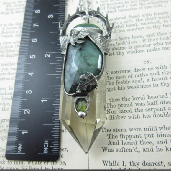 Artisan Etsy Callisto Jewelry EMERALDS, Smoky Quartz & Peridot Crystal Pendant! - Picture 4 of 5
